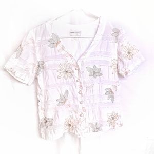 VTG DRAPER'S & DAMON'S PETITES Floral Tropical Gauzy Embroidered Button Top PS